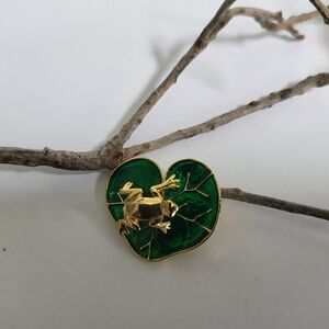 Gold Frog on Green Leaf Brooch
